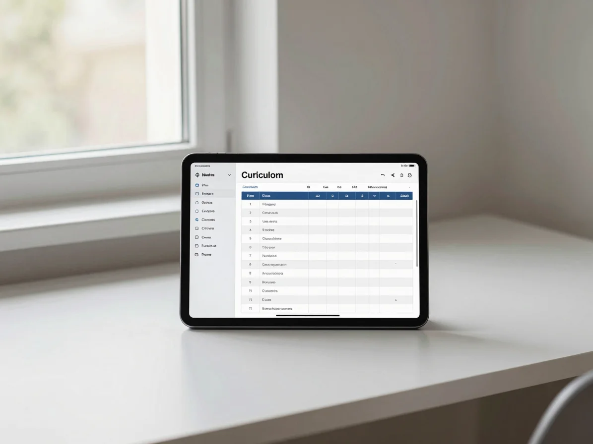 Clean study desk with a digital tablet displaying an organized curriculum timeline, soft daylight coming through a windo