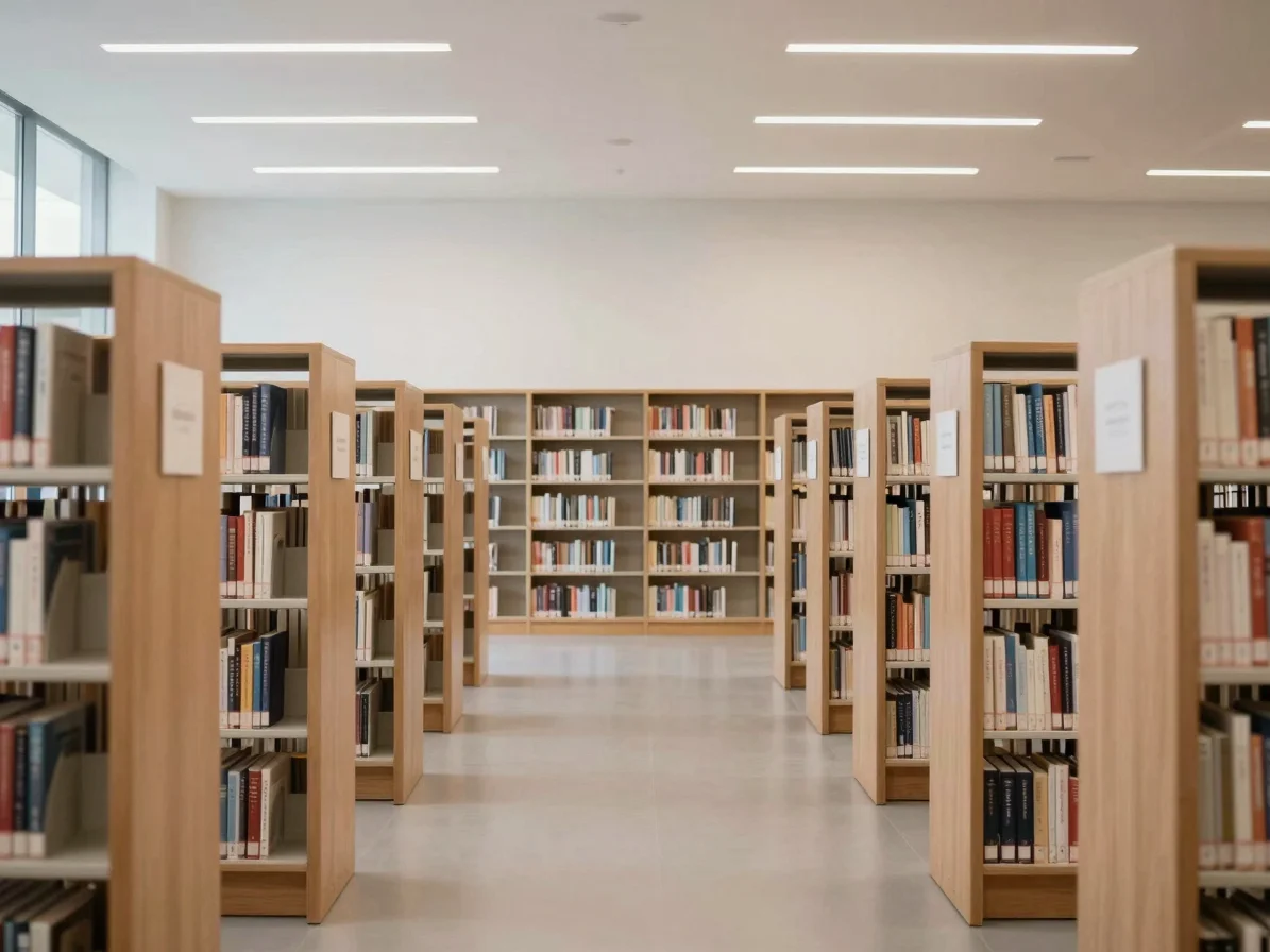 Quiet well-lit modern library interior with clean architectural lines, warm neutral tones, editorial photography style