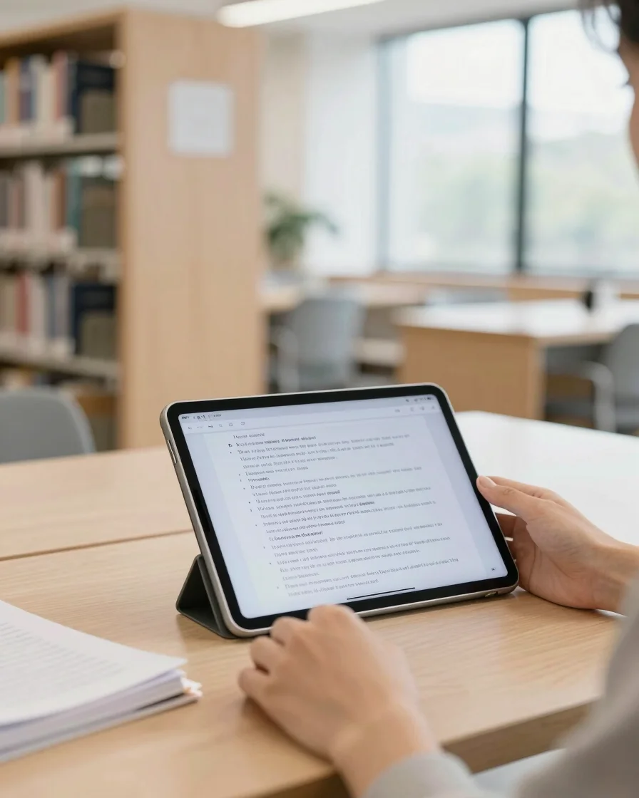 Focused study space in a bright, minimalist library, a clean digital tablet displaying structured lesson outlines, soft